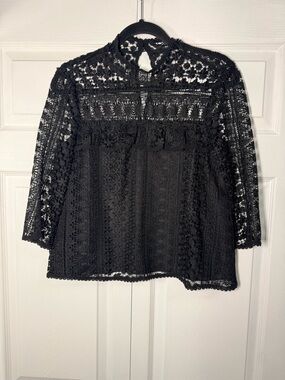 cupcakes & cashmere Black Lace High-Neck Crochet Blouse